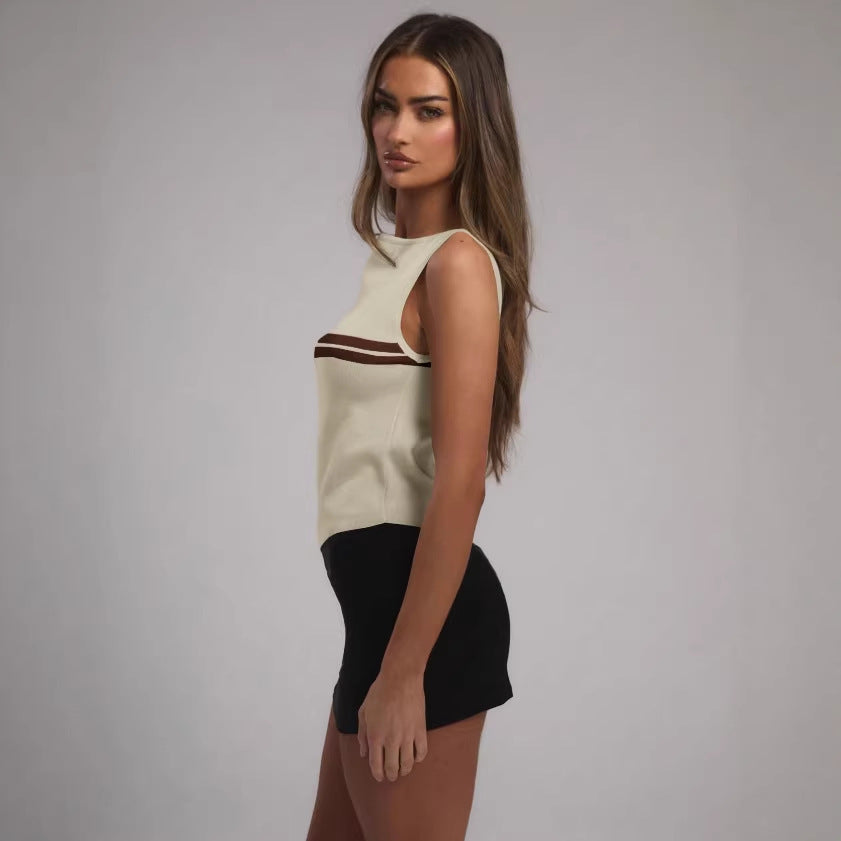 Débardeur tricoté rayé style Chanel pour femme, vêtement d'été, coupe ajustée, couche de base, haut sans manches