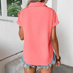 Haut T-shirt à manches courtes plissé avec poche, revers et épaule pour femme