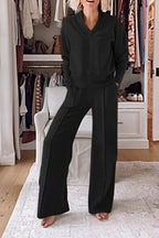 Women's Pullover Suit Casual Collared Long-Sleeved V-neck Top And Loose Straight-Leg Pants Fashion Sweatshirt Sport Trousers Set