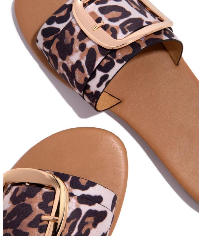 Mules à boucles Imprimé léopard Sandales plates femme été Chaussures de plage