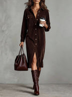 Robe Décontractée Chic à Col Rabattu et Boutons, Robe de Soirée Simple Unie pour Femmes Printemps Automne, Robe Longue à Manches pour Dames en Vacances