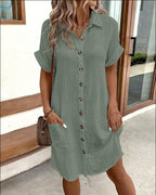 Robe chemise d'été à manches courtes, mode, couleur unie, boutonnage simple, longueur moyenne, ample