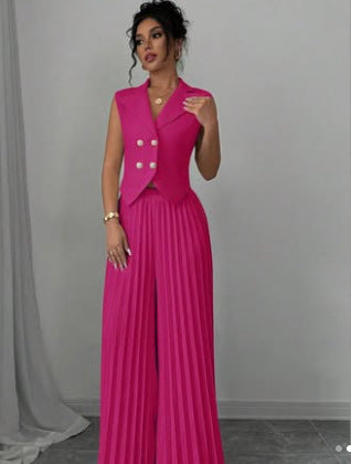 Ensemble de vêtements d'été sans manches pour femmes, avec veste à revers boutonnée et pantalon plissé droit.
