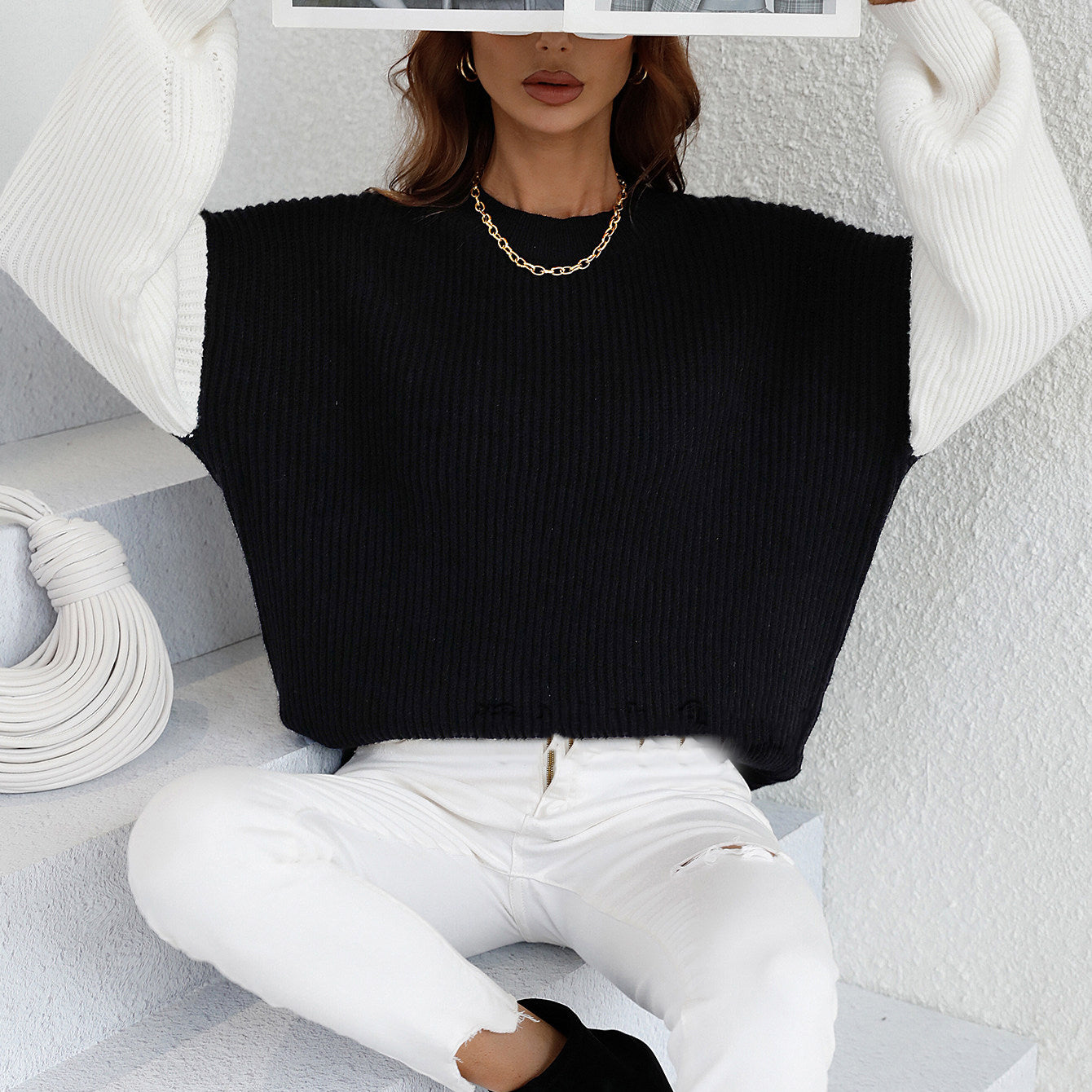 Pull à col rond à manches longues, rayé, ample et oversize pour femme