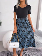Femmes Robe midi plissée taille haute imprimé feuilles décontractée