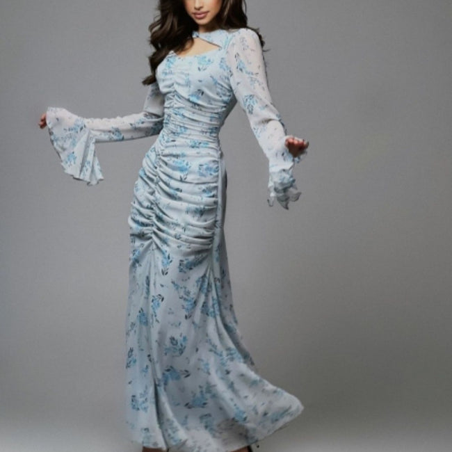 Pleated Print Chiffon Dress Hover Image
