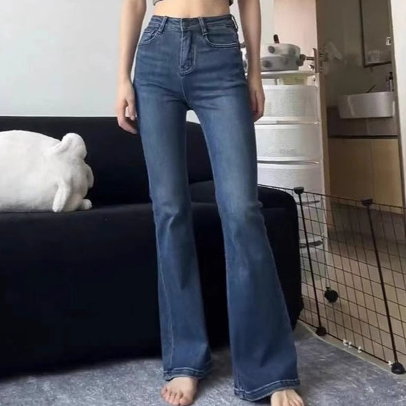 Jean évasé bleu foncé grande taille automne-hiver pour femmes petites Hover Image