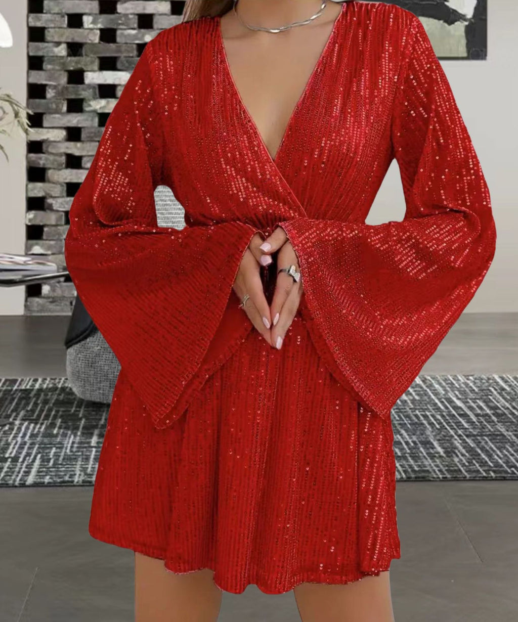 Robe de soirée élégante à col en V, taille amincissante et sequins