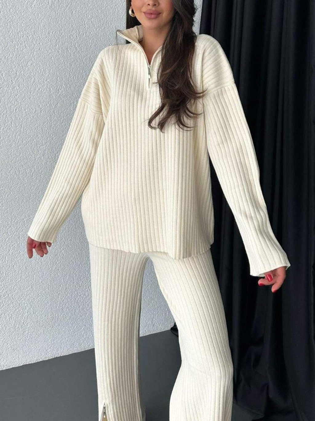 Vêtements d'automne pour femmes Couleur unie Fermeture éclair Tricot Col roulé Côtelé Tenue d'intérieur Ensemble deux pièces