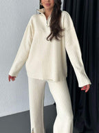 Vêtements d'automne pour femmes Couleur unie Fermeture éclair Tricot Col roulé Côtelé Tenue d'intérieur Ensemble deux pièces