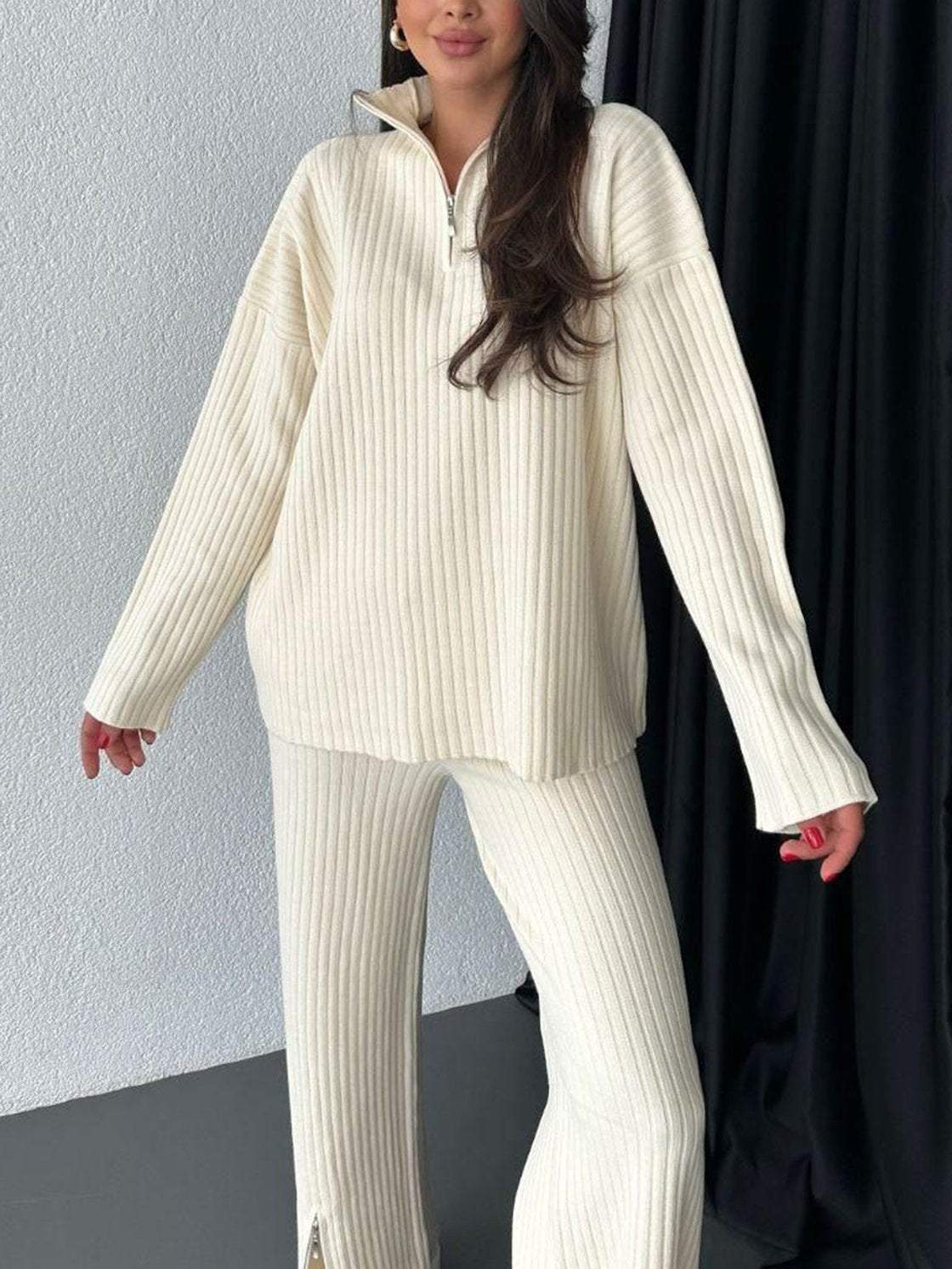 Vêtements d'automne pour femmes Couleur unie Fermeture éclair Tricot Col roulé Côtelé Tenue d'intérieur Ensemble deux pièces