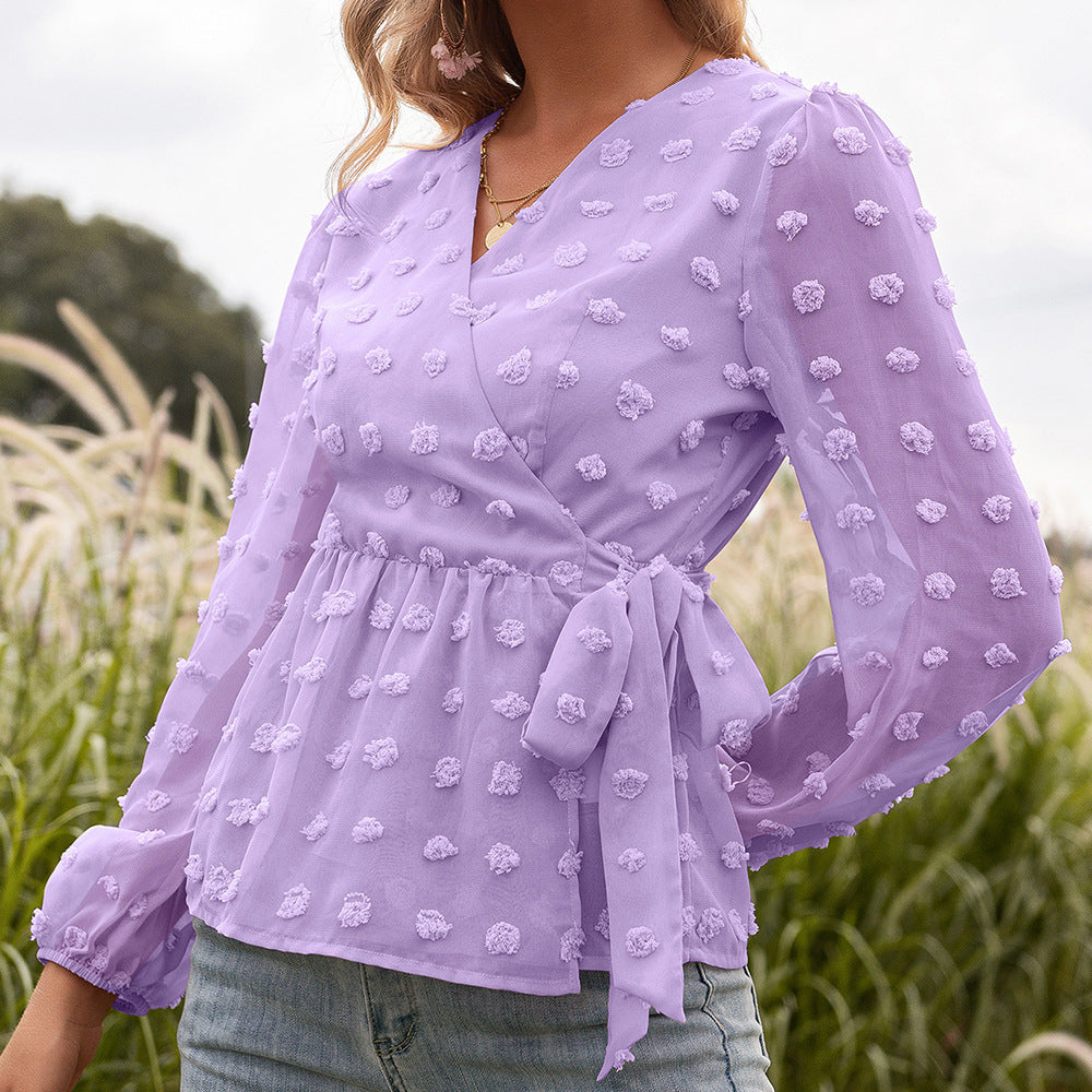 Chemisier femme à manches longues et col en V en dentelle jacquard