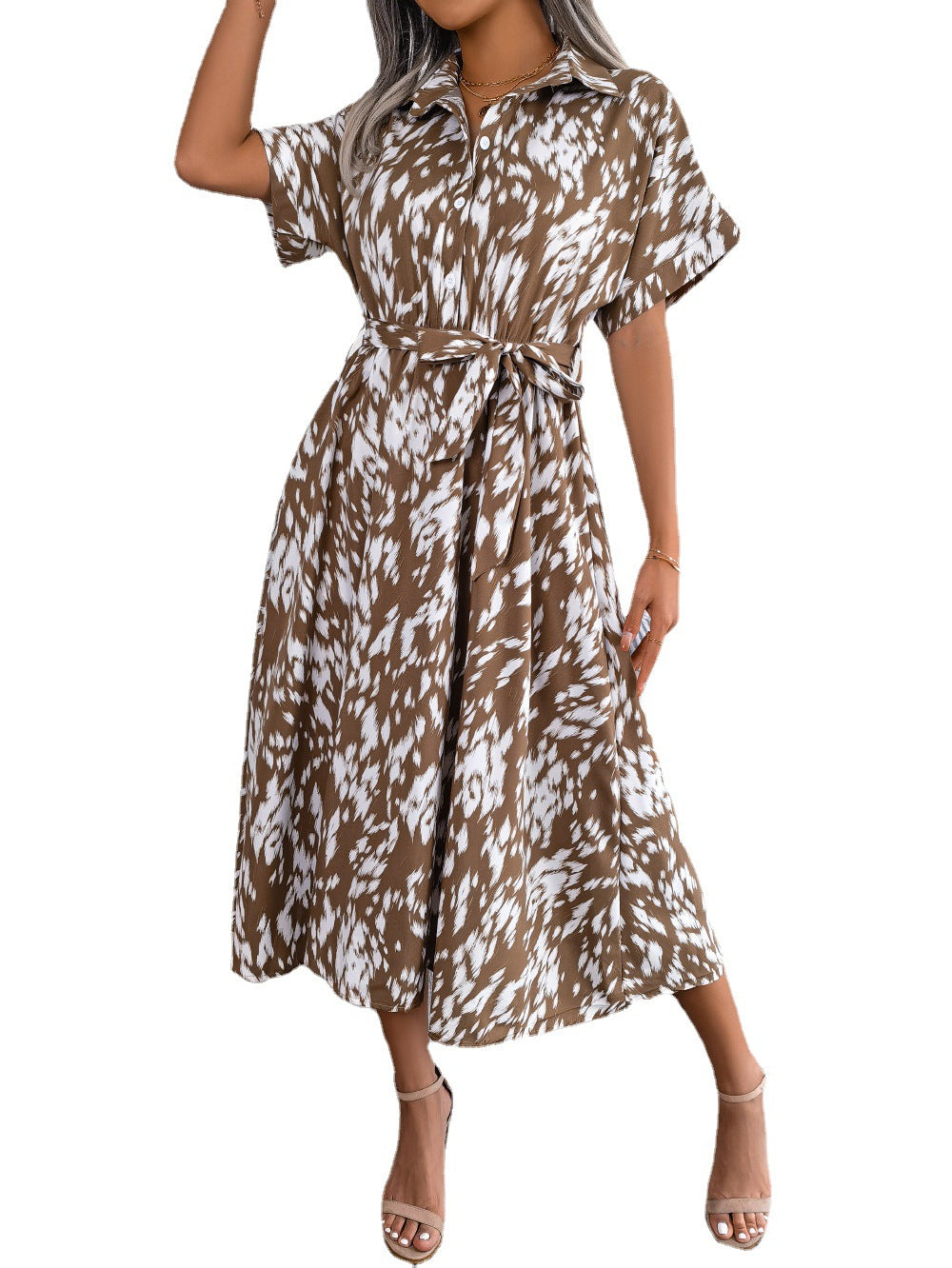 Robe chemise décontractée à lacets et imprimé léopard