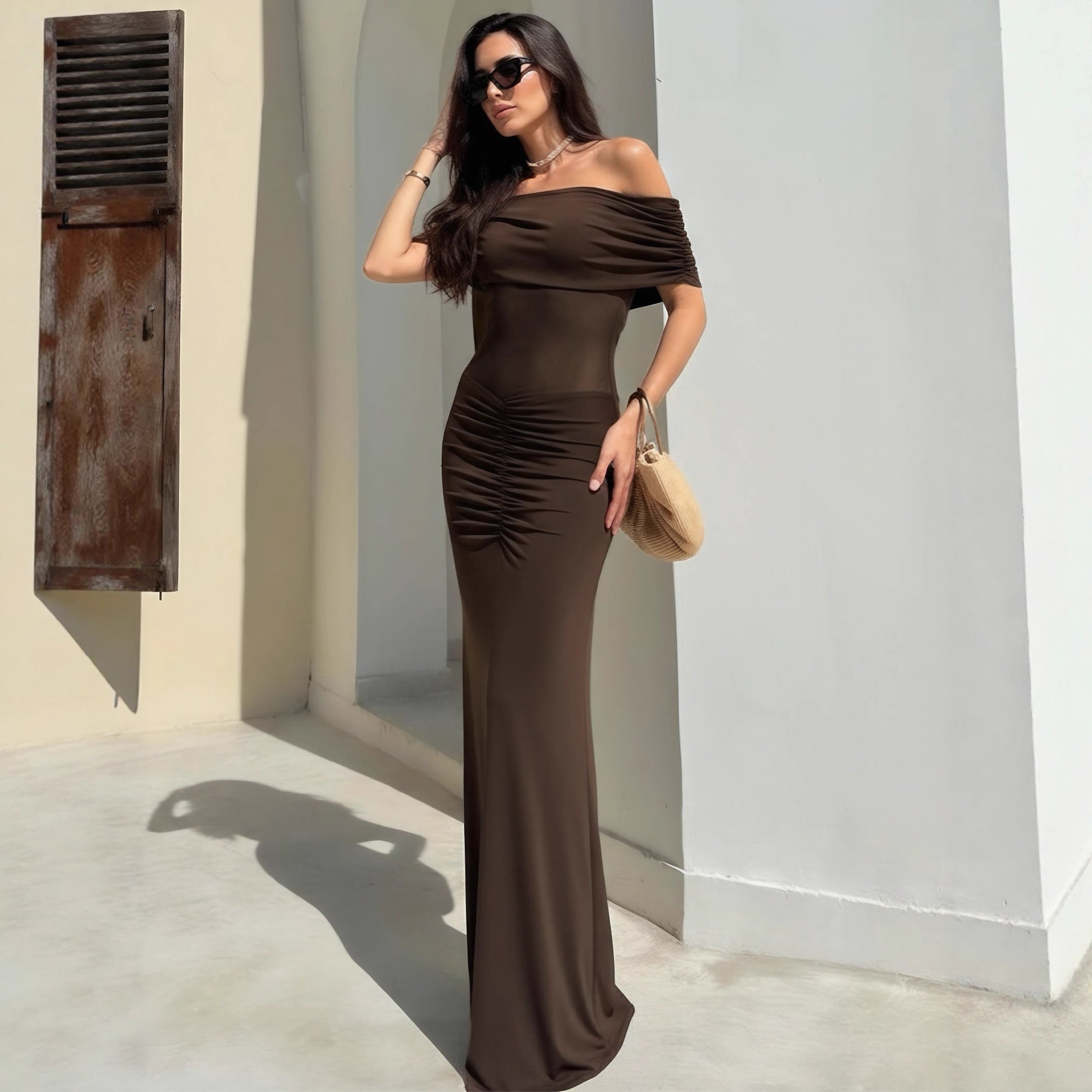 Robe de soirée plissée sans manches pour femme