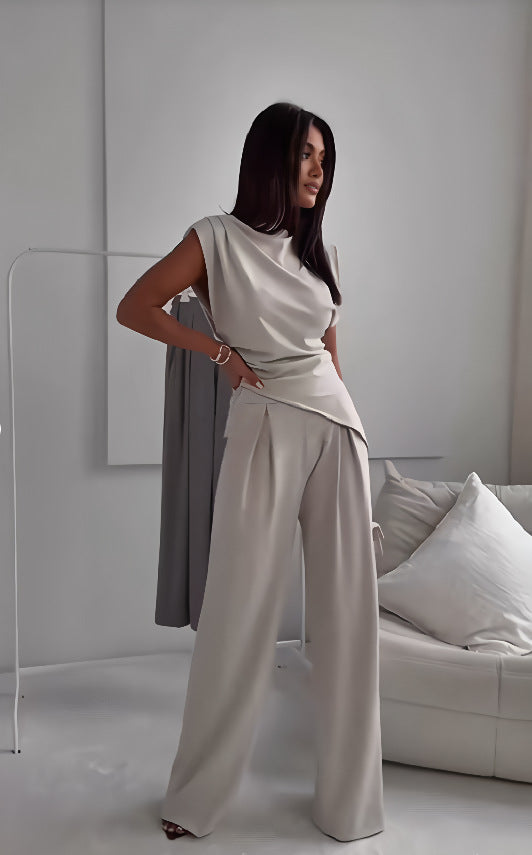 Ensemble pantalon et haut fendus irréguliers amincissants sans manches pour femme