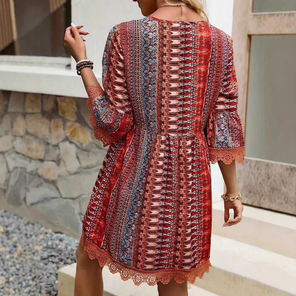 Robe bohème imprimée col en V, style décontracté pour femme
