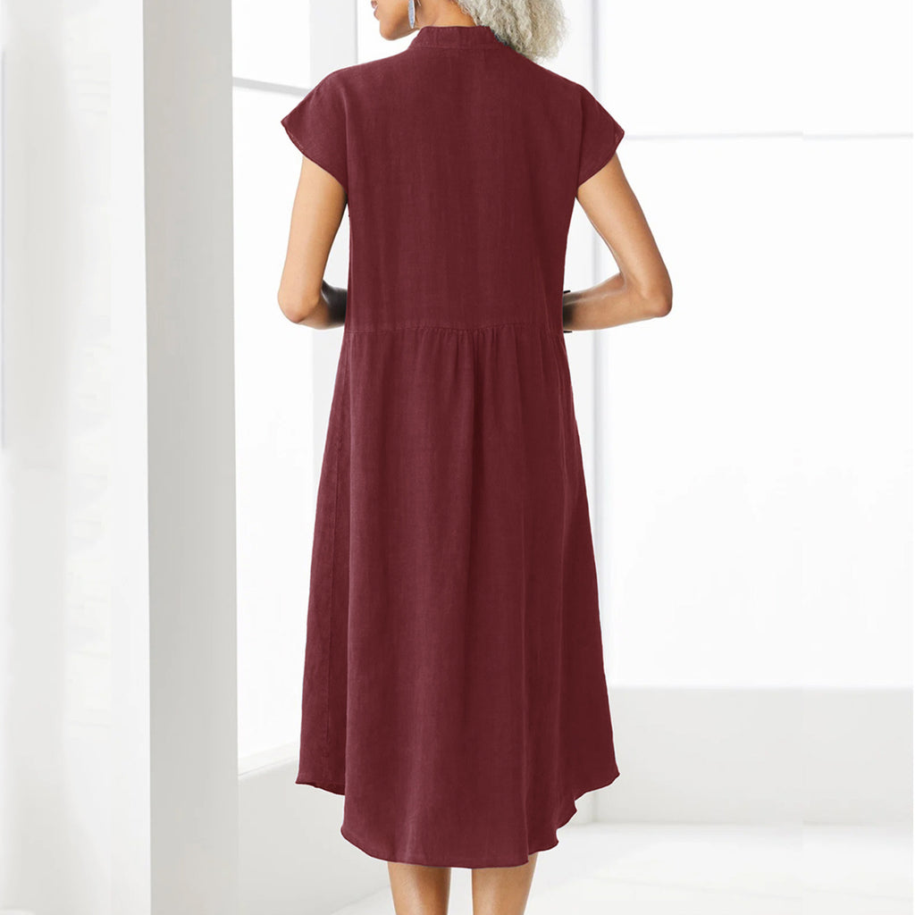 Cardigan Stand Collar Single-breasted Cotton And Linen Pocket Dress
