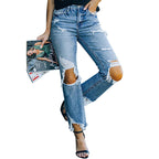 Jeans déchirés d'automne pour femmes, de style européen et américain, pantalon taille haute moulant avec genoux apparents pour femmes