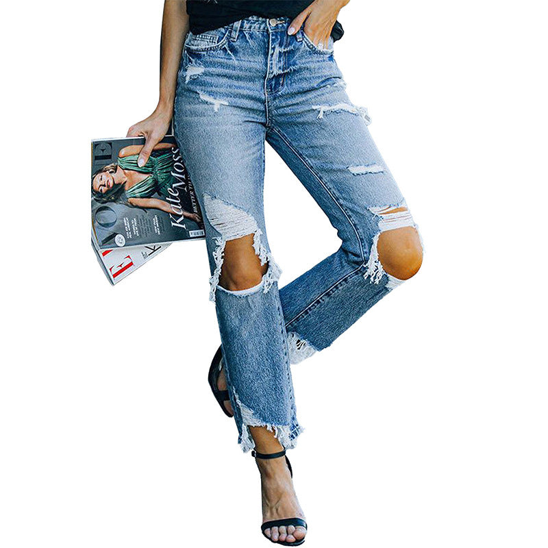 Jeans déchirés d'automne pour femmes, de style européen et américain, pantalon taille haute moulant avec genoux apparents pour femmes