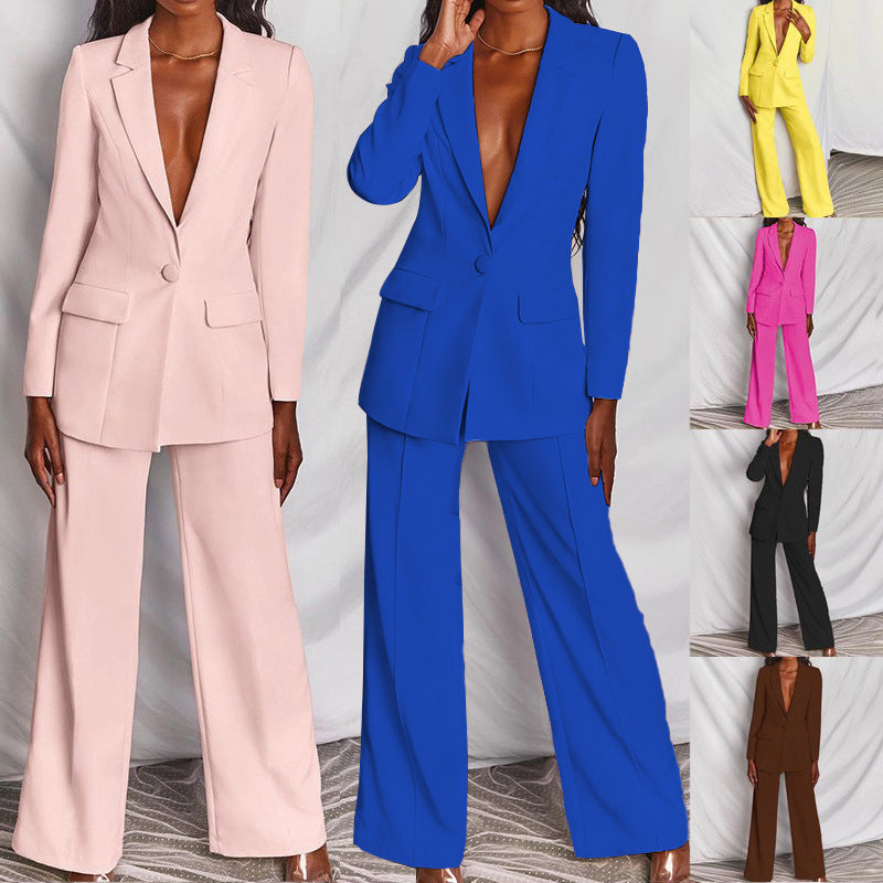 Ensemble 2 pièces décontracté blazer à revers boutonné et pantalon droit pour le bureau, les trajets quotidiens et les affaires