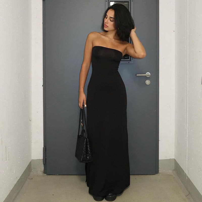 Robe longue fendue coupe ajustée de couleur unie