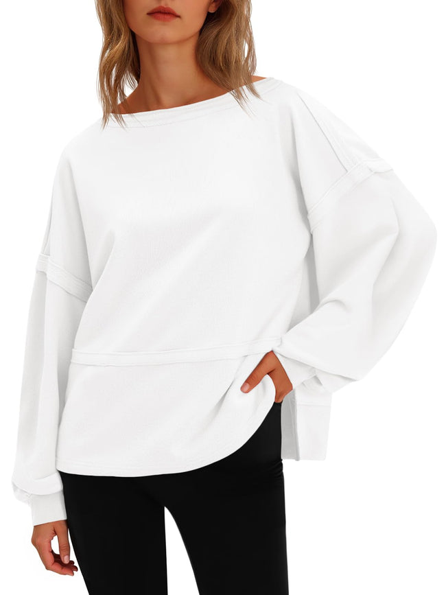 Fisoew Pulls décontractés à col rond pour femme, manches longues lanterne, fente latérale, ample, courts, hauts d'automne Hover Image
