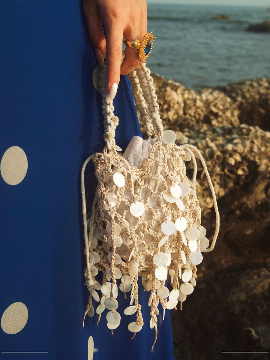 Pochette de Soirée Élégante Creuse Tissée en Coton et Lin à Paillettes et Pendentifs Rétro Style Français en Forme de Coquille