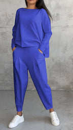 Ensemble tailleur irrégulier femme - Haut à manches longues et col rond et pantalon sarouel ample avec poches - Vêtements pour femmes style Ins