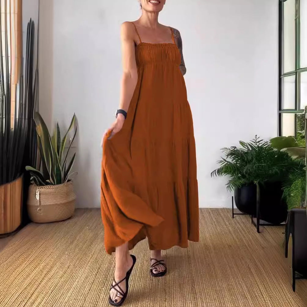 Robe plissée à bretelles et bustier unie décontractée pour femme
