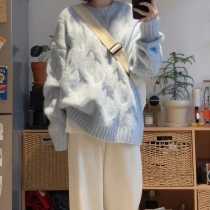 Pull grande taille lâche à col rond pour femme