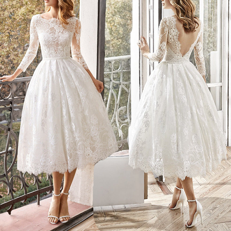 Robe de mariée mi-longue slim manches longues