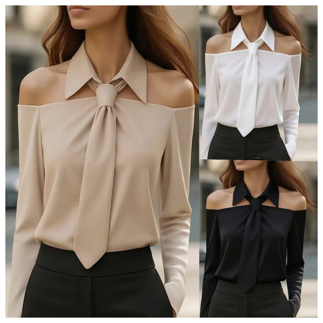 Haut débardeur à col licou pour femme, chemisier sexy à manches longues avec revers pour le printemps et l'été Hover Image