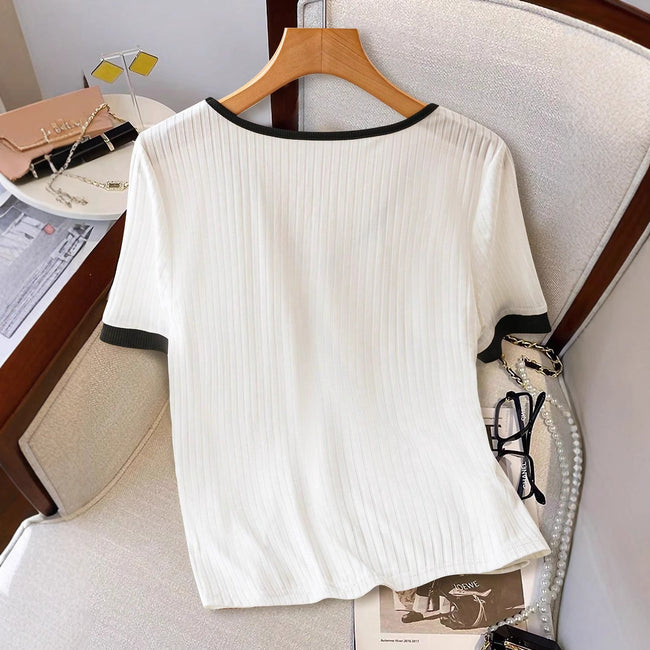 Vêtements Femme en Maille Coupe Ajustée Manches Courtes Femme Bicolores Main Image