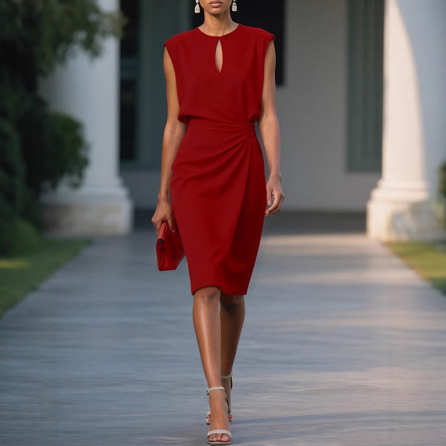 Robe midi évasée décontractée d'été légère pour femme - Robe de soirée élégante de couleur unie avec col rond et devant croisé noué Main Image