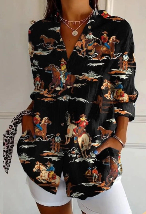 Chemise à la mode avec impression, revers et manches longues pour femme