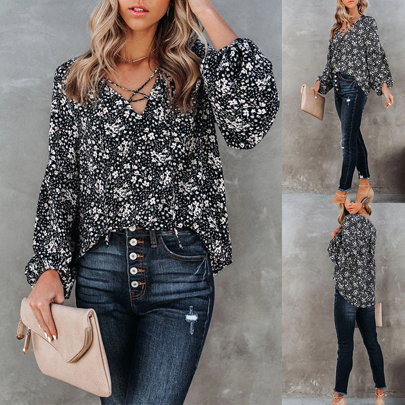 Chemise décontractée ample à manches longues et motif floral pour femmes européennes et américaines
