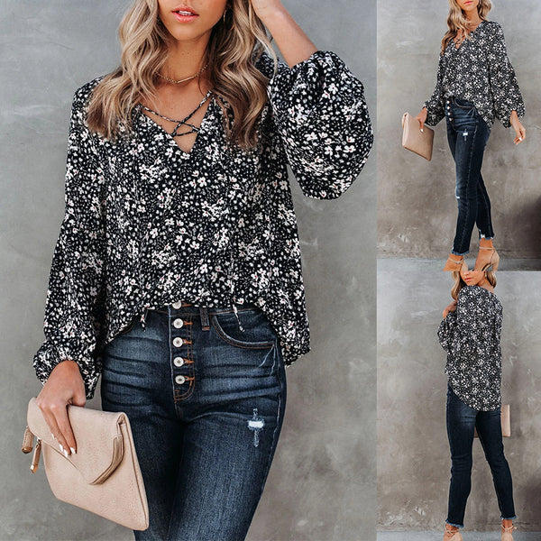 Chemise décontractée ample à manches longues et motif floral pour femmes européennes et américaines
