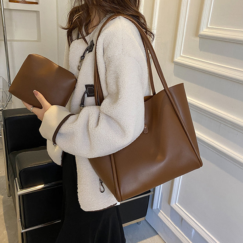 Sacs fourre-tout décontractés de grande capacité pour femmes, sac à bandoulière de shopping de couleur unie avec portefeuille, sac à main pour dames