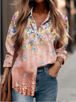 Chemise à la mode avec impression, revers et manches longues pour femme