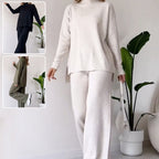 Ensemble tricoté col roulé, haut fendu ample à manches longues et pantalon droit, mode décontractée, couleur unie, vêtements pour femmes.