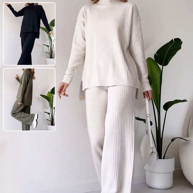 Ensemble tricoté col roulé, haut fendu ample à manches longues et pantalon droit, mode décontractée, couleur unie, vêtements pour femmes. Hover Image