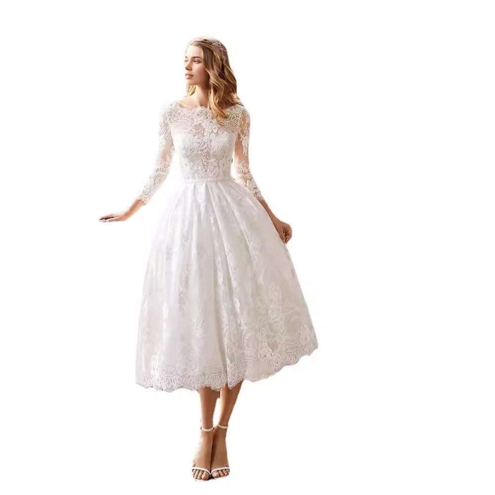 Robe de mariée mi-longue slim manches longues