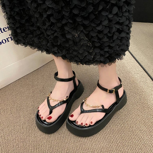 Sandales d'été pour femmes avec chaîne de perles vintage à bout ouvert