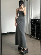 Robe gainante taille haute à bretelles, couleur unie, décontractée, coupe trapèze, longueur genou pour femmes