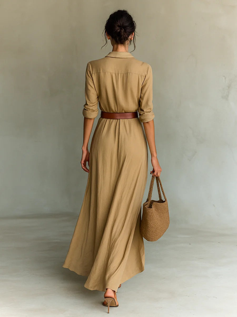 Robe longue irrégulière avec ceinture, chemise habillée à revers boutonnés, manches longues, mode et élégance, tenue décontractée pour le bureau ou les trajets quotidiens pour femmes
