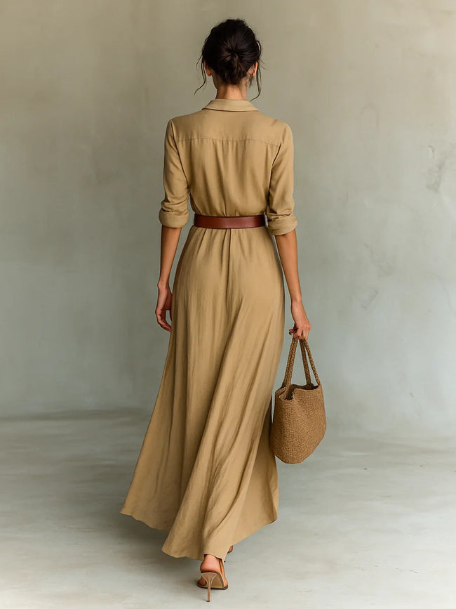 Robe longue irrégulière avec ceinture, chemise habillée à revers boutonnés, manches longues, mode et élégance, tenue décontractée pour le bureau ou les trajets quotidiens pour femmes Main Image