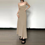 Robe gainante taille haute à bretelles, couleur unie, décontractée, coupe trapèze, longueur genou pour femmes