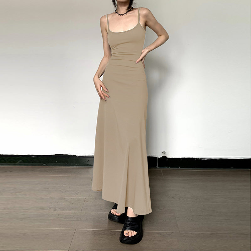 Robe gainante taille haute à bretelles, couleur unie, décontractée, coupe trapèze, longueur genou pour femmes