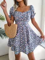 Robe Courte Femme Mini Robe Tempérament Grand Balançoire Ourlet Ample Imprimé Floral Robe Froncée Manches Courtes Taille Haute Robe D'Été Vêtements
