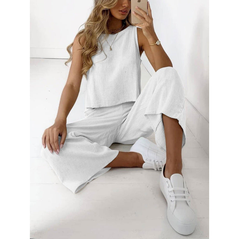 Ensemble deux pièces sans manches pour femme en coton et lin, chemise et pantalon large court